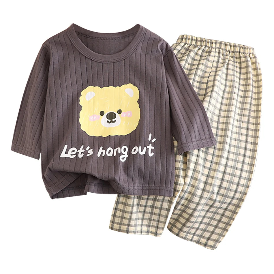 Summer Kids Cotton Long Sleeve and Pants Pajamas Set Soft Breathable Baby Sleepwear Cartoon Bear AC Room Wear Boys Girls Clothes