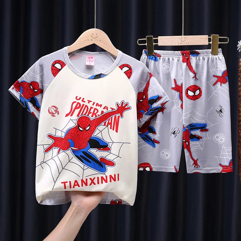 Summer Children Pajamas Set Short Sleeve T Shirt Sleepwear Pijamas Boys Spiderman Cartoon Pyjamas