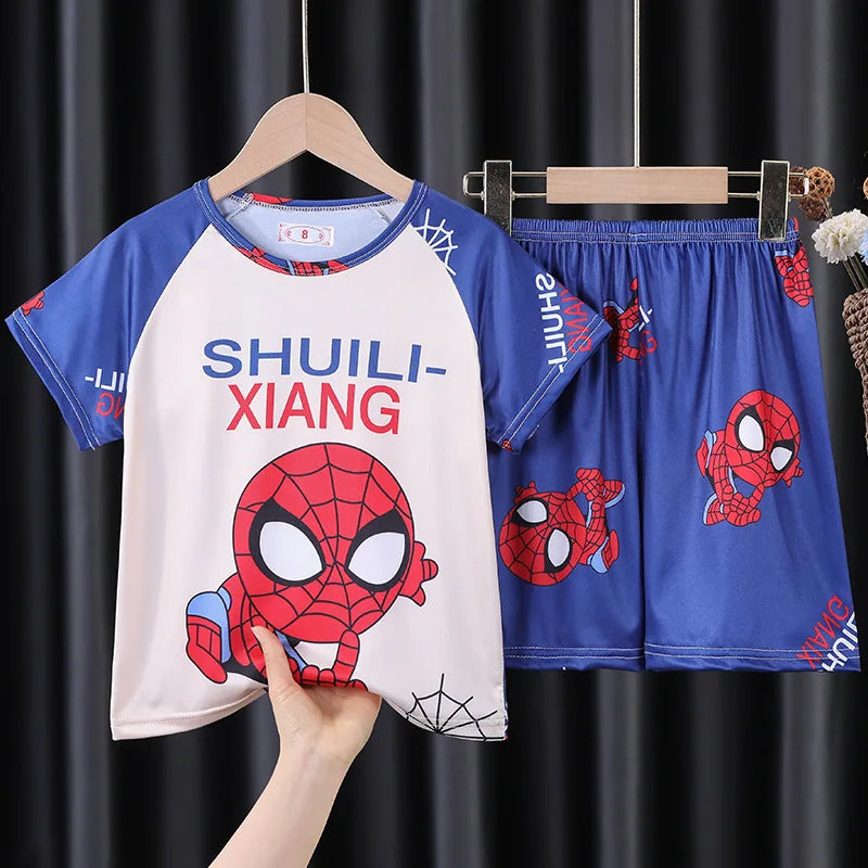 Summer Children Pajamas Set Short Sleeve T Shirt Sleepwear Pijamas Boys Spiderman Cartoon Pyjamas
