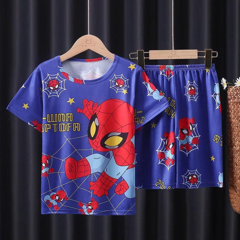 Summer Children Pajamas Set Short Sleeve T Shirt Sleepwear Pijamas Boys Spiderman Cartoon Pyjamas